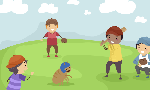 Cartoon of Leonard the louse playing baseball with children
